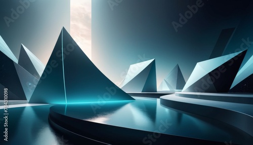 A futuristic depiction of reflective geometric shapes in a tranquil water setting under a soft light  creating a serene yet modern ambiance.. AI Generation