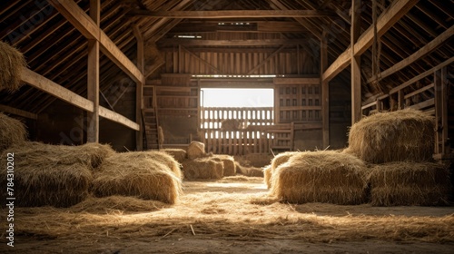 Hayloft interior with hay-bales and sun rays.