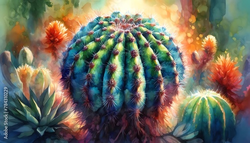 Watercolor Painting of a Turk's Head Cactus photo