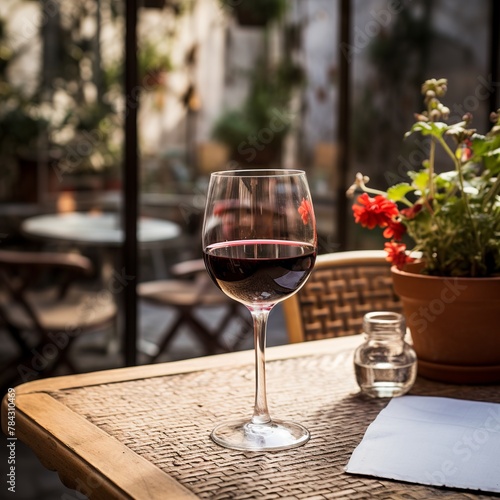 illustration of red wine Glas on garden table in Cafe inner courtyar  Generative ai