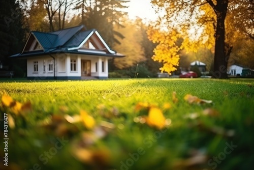 Autumn leaves on the grass in front of a house.