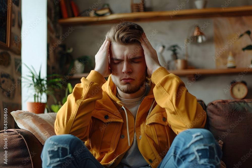 Fototapeta premium young man have headache at home