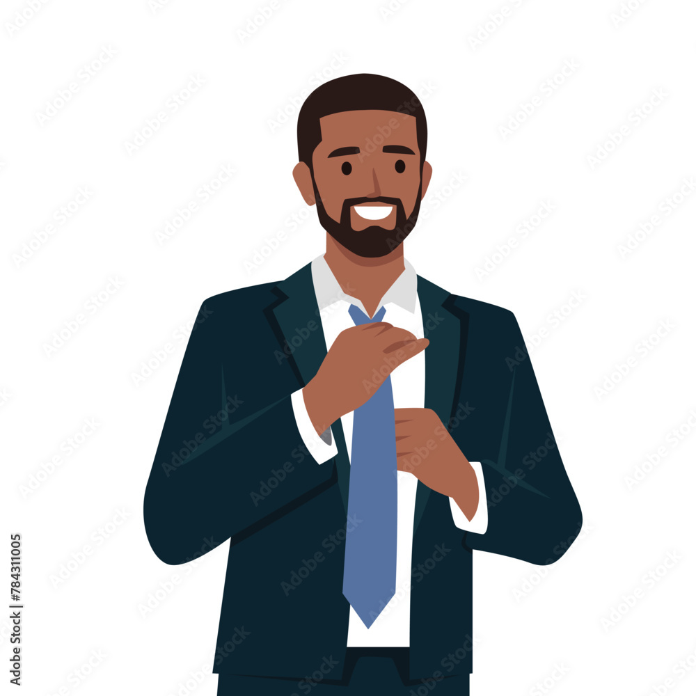 Young smiling man character wearing suit and adjusting tie. Flat vector illustration isolated on white background