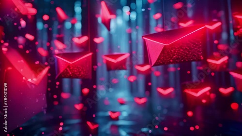Flying envelopes in digital space. Concept for mail,income massage,massage traffic in sparkling background. Flying envelopes on sky background. Animation 4k video. Neon glowing effect sparks photo