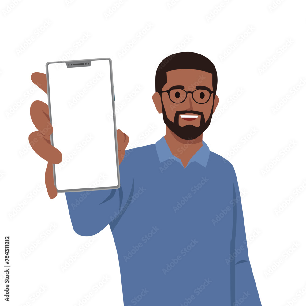 Young man character showing blank mobile, cell phone. Flat vector illustration isolated on white background Young man character showing blank mobile, cell phone. Flat vector illustration isolated on white background