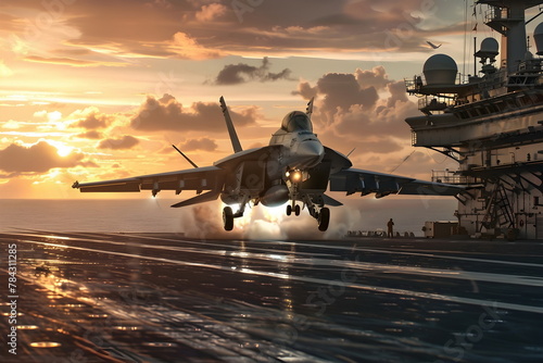An airplane ready for takeoff on aircraft carrier ship