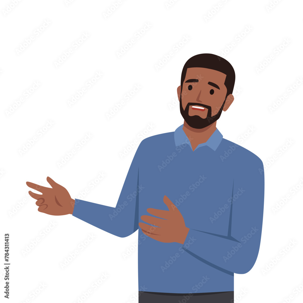 Young man character talking or communicating sharing his opinion. Flat vector illustration isolated on white background