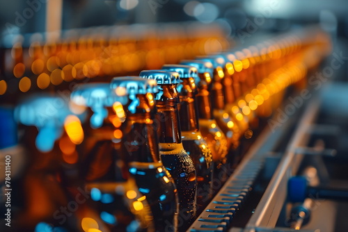 A row of beer bottles in a factory