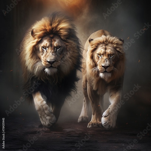 illustration of tiger and lion moving towards camera, Generative ai © rajesh