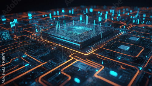 An abstract D render of a high-tech data processing facility, featuring intricate circuitry patterns and glowing data streams.