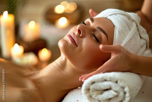 Tranquil scene of a woman enjoying a relaxing facial massage at a serene spa setting