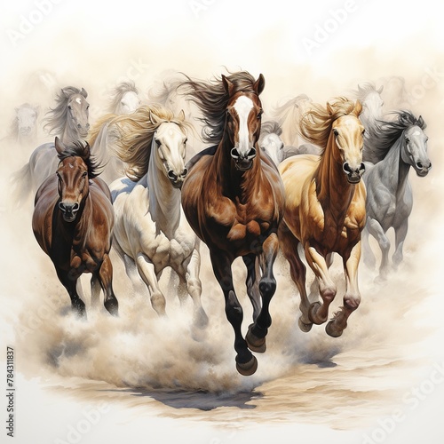 illustration of wild horses running colored drawing illustration, Generative ai © rajesh