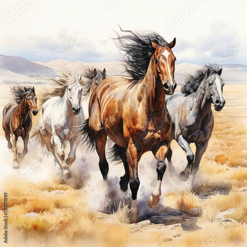 illustration of wild horses running colored drawing illustration  Generative ai