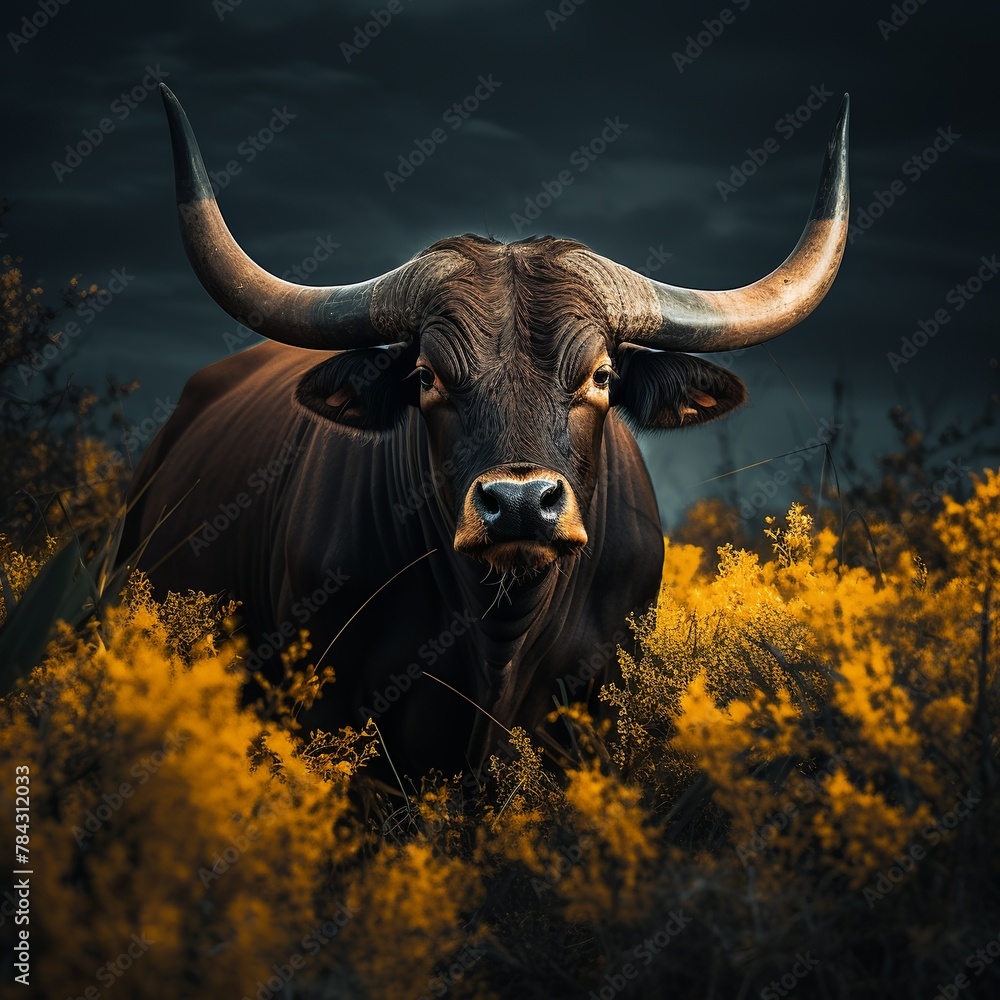 illustration of Yellow bull on grass using a Sony a7S III camera, Generative ai