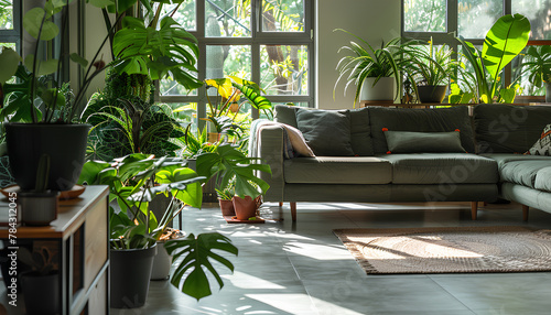 Interior of living room with green houseplants and sofas