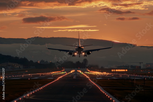An airplane arriving and landing during sunset in airport