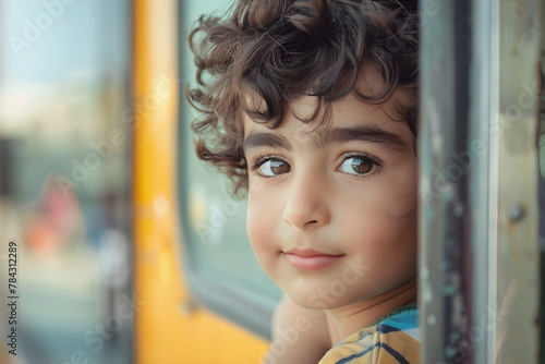 Portrait of a school boy standing on a bus