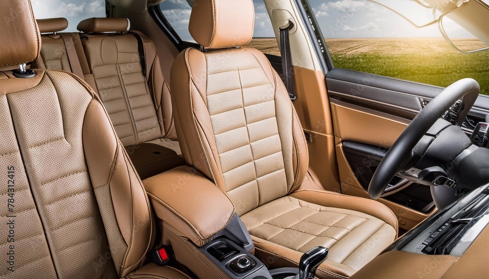 Modern luxury car interior. Brown leather seats, steering wheel and dashboard Modern luxury car interior. Brown leather seats, steering wheel and dashboard