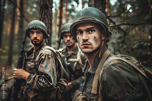 three military soldiers standing in a forest on a lookout photo