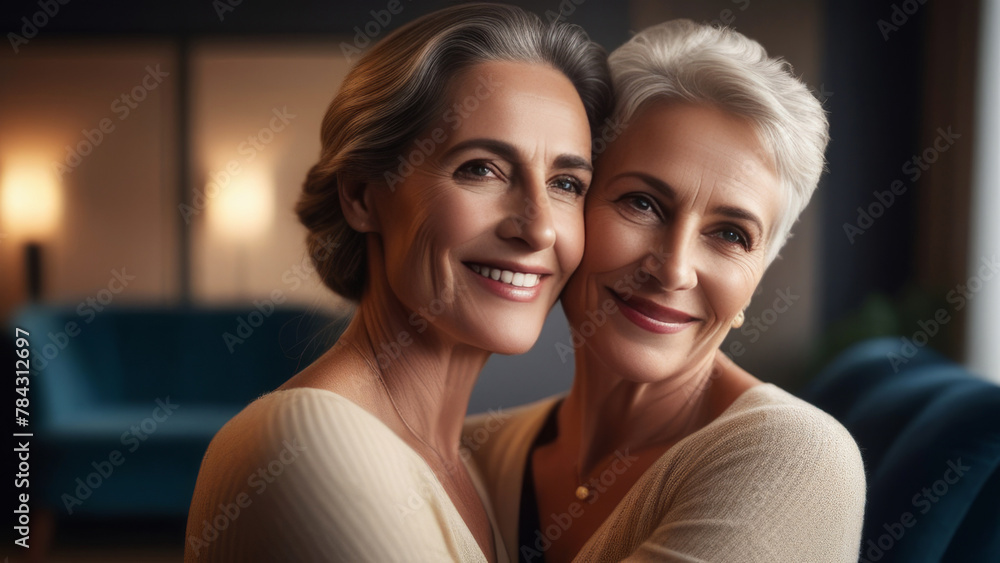 Happy lesbian lgbtq couple in love cuddling and laughing together at home. Two adult stylish diverse pretty women hugging and bonding. LGBT relationship lifestyle concept Happy lesbian lgbtq couple in love cuddling and laughing together at home. Two adult stylish diverse pretty women hugging and bonding. LGBT relationship lifestyle concept