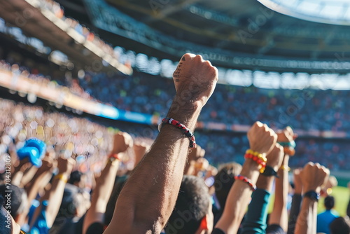 Cheering with raised hands on a football match in a stadium