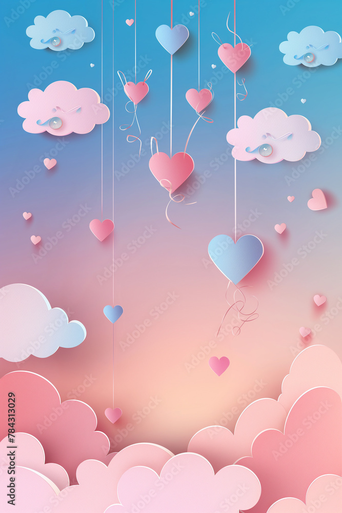 Hanging Hearts and Clouds with Pastel Sunset

