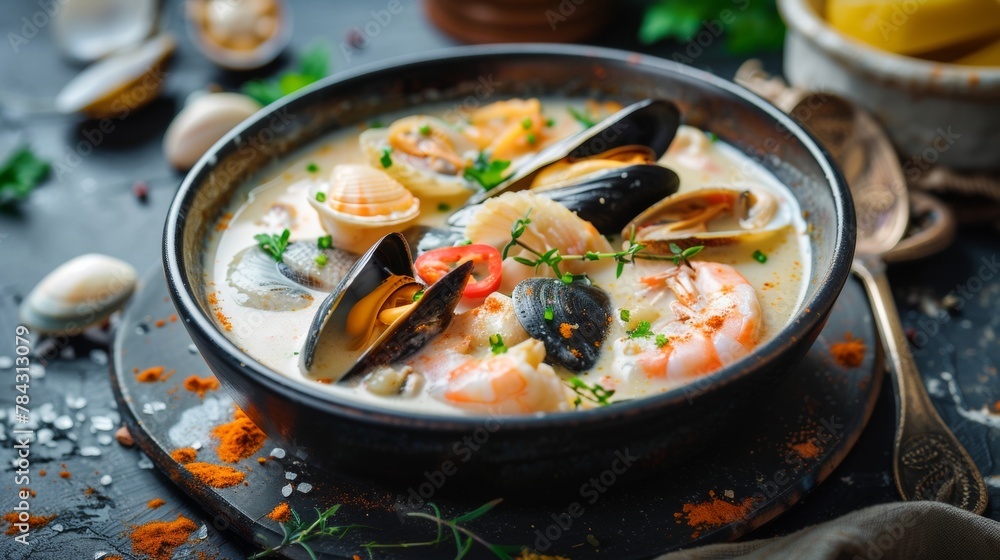 Dishes of New Zealand Seafood Chowder soup, thick creamy base with fish and shellfish.