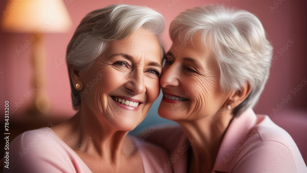 Happy lesbian lgbtq couple in love cuddling and laughing on pink background. Two senior stylish diverse pretty women hugging and bonding. LGBT relationship lifestyle concept Happy lesbian lgbtq couple in love cuddling and laughing on pink background. Two senior stylish diverse pretty women hugging and bonding. LGBT relationship lifestyle concept