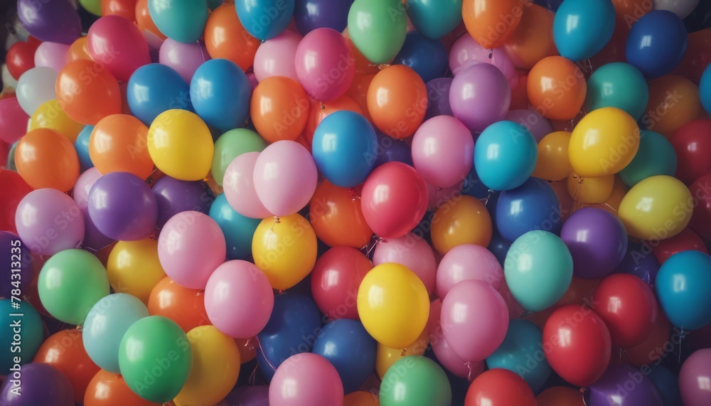 Balloons with one balloon tied to a string with a white blank card. birthday party balloons, colourful balloons background Balloons with one balloon tied to a string with a white blank card. birthday party balloons, colourful balloons background