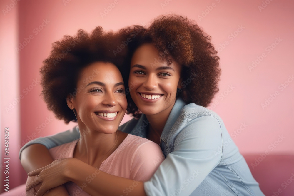 Happy lesbian lgbtq couple in love cuddling and laughing on pink background. Two young stylish diverse pretty women hugging and bonding. LGBT relationship lifestyle concept