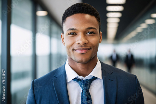 young age black businessman standing in hallway of modern office, glass and reflections, successful african american business man portrait, native corporate manager, assistant to ceo, starter newcomer photo