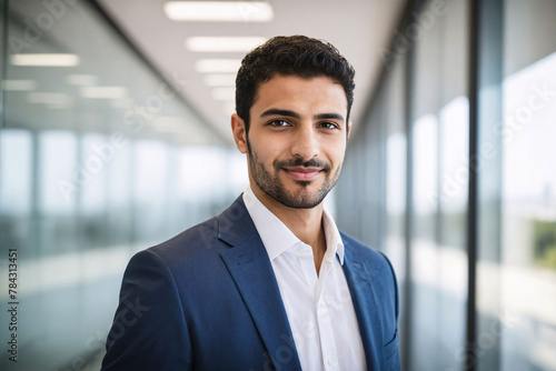 young age middle eastern businessman standing in hallway of modern office, successful arabic business man portrait, saudi corporate manager, assistant to ceo, starter newcomer
