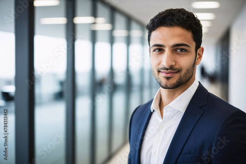young age middle eastern businessman standing in hallway of modern office, successful arabic business man portrait, saudi corporate manager, assistant to ceo, starter newcomer photo