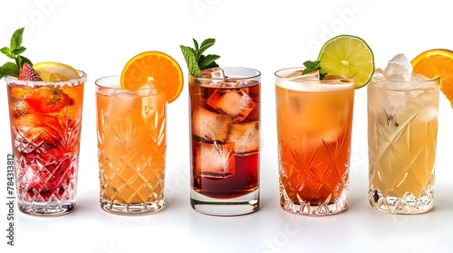 Assorted Colorful Cocktails Arranged on a White Background with Variety of Garnishes and Mixers for a Refreshing and Elegant Drinking Experience