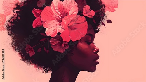 Captivating Afro-American Woman Portrait with Floral Headpiece - Abstract Fashion for Wall Art and Creative Design © kiatipol