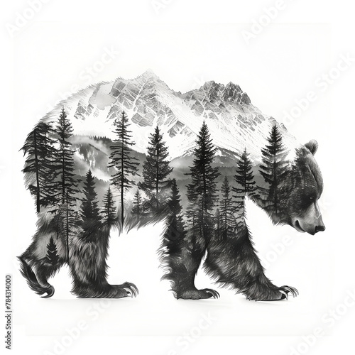 Double exposure, Bear and Forest. Silhouette of brown bear. Inside a pine forest with a mountains. Wildlife concept. Sketch, tattoo style illustration, isolated object