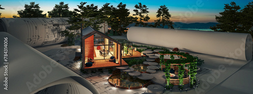 Bauplanung eines energieeffizienten Einfamilienhauses in moderner Scheunenarchitektur mit Garten und Terrasse bei Nachtbeleuchtug (Blue Hour Sky im Hintergrund) - panoramische 3D Visualisierung