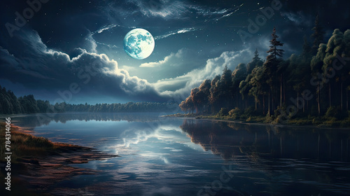 A peaceful night landscape under a bright full moon, casting a silvery glow over a calm lake Background Ai Generative photo