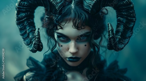 Enigmatic Demonic Horned Woman with Haunting Makeup in Dark Moody Fantasy Portrait photo