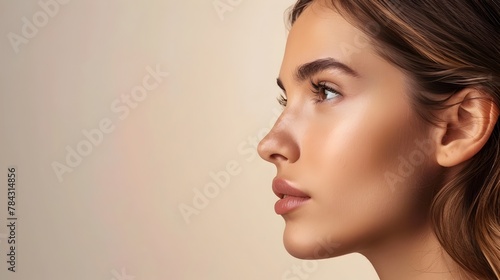 Radiant Skin Care Facial Treatment Concept with Elegant Woman Looking Aside with Empty Space for Text