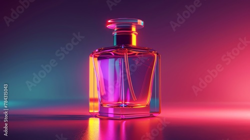 A sleek glass perfume bottle, bathed in neon light, stands as a testament to modern perfumery, inviting the viewer to explore the world of fragrance and allure