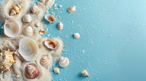 Sand, starfish and shells on blue background with copy space. Summer background for banner