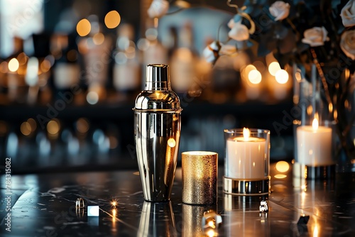 A gold cocktail shaker gleams on a black bar, surrounded by candlelight, evoking a speakeasy ambiance and sophistication photo