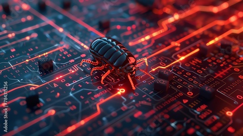 A digital bug entrapped within a glowing red firewall, symbolizing cybersecurity and digital protection