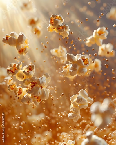A dynamic 3D illustration of popcorn exploding, symbolizing movie night excitement
