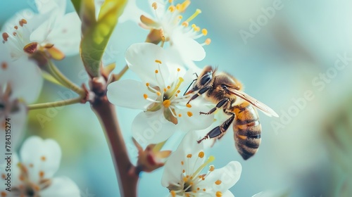 A macro shot capturing the moment of pollination with a bee on blossoms © Pairat
