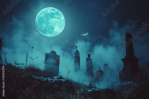 A misty graveyard at midnight featuring ghostly apparitions floating above ancient tombstones under the glow of a full moon