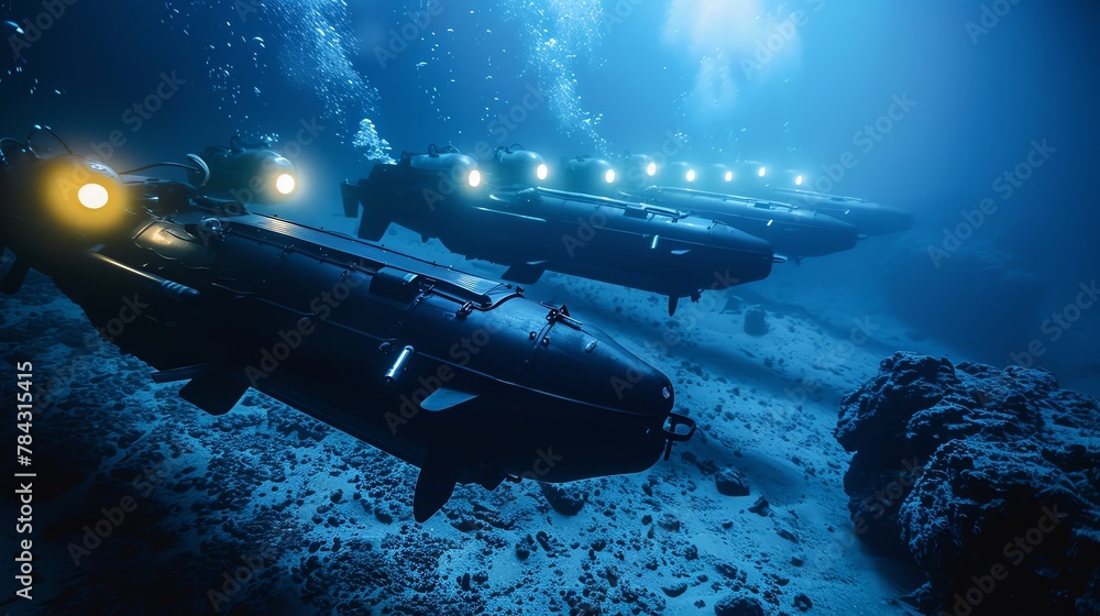 Fototapeta premium Underwater drones engaged in the secretive mapping of enemy territories in deep sea operations