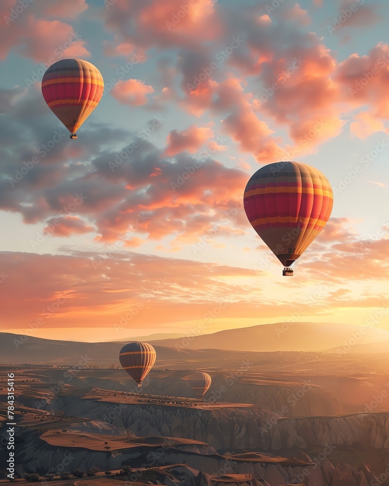 Hot air balloons floating at sunrise, with ample space on the distant horizon for text