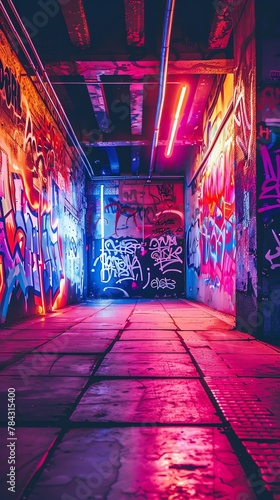 An urban setting podium lit by neon lights, adorned with graffiti, tailored for streetwear and urban fashion presentations
